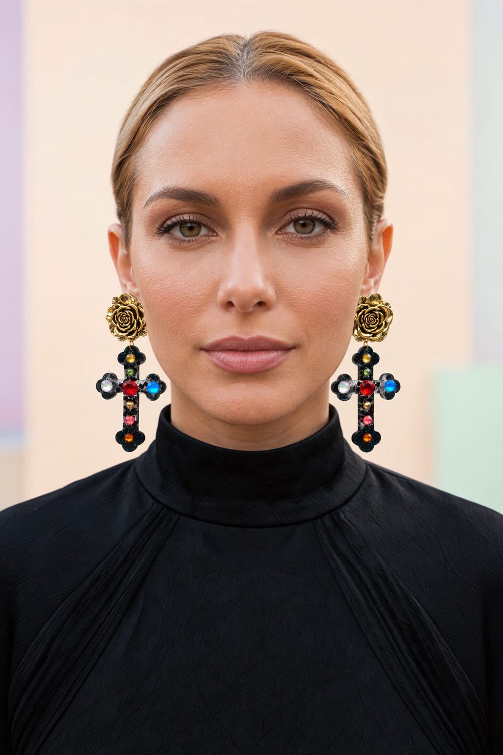 Vista frontal de modelo con pendientes Victoria Rosa Barroca de Julieth