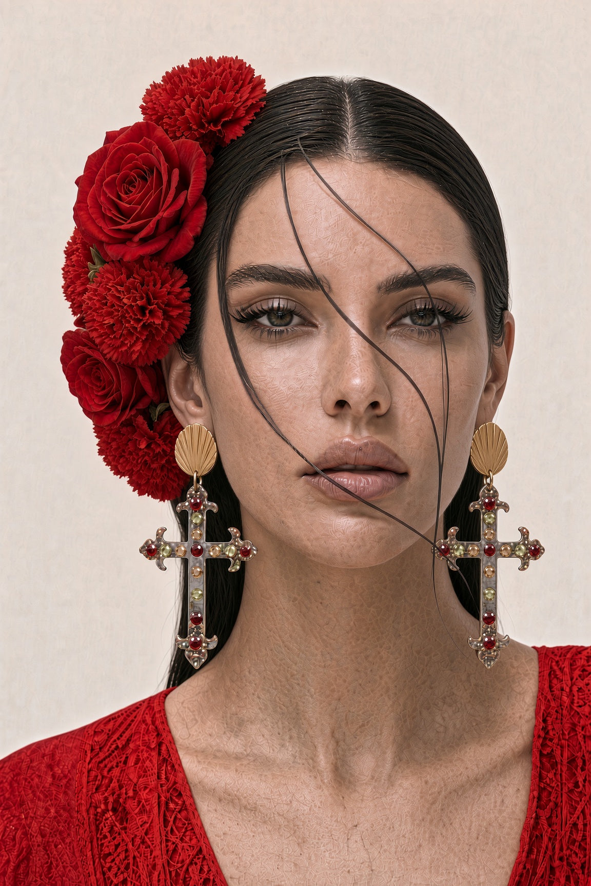 Vista frontal de los pendientes Victoria Cruz Rubí de Julieth sobre modelo
