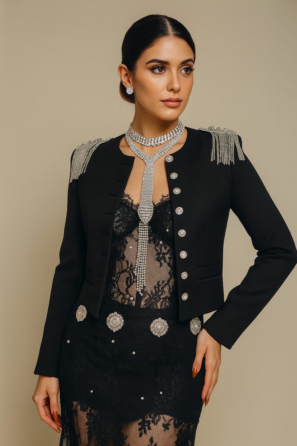 Conjunto Chaqueta  Negra con Corset más Falda Con Encaje+ Joyería
