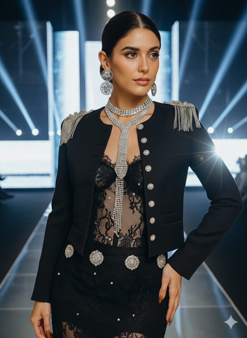 Conjunto Chaqueta  Negra con Corset más Falda Con Encaje+ Joyería