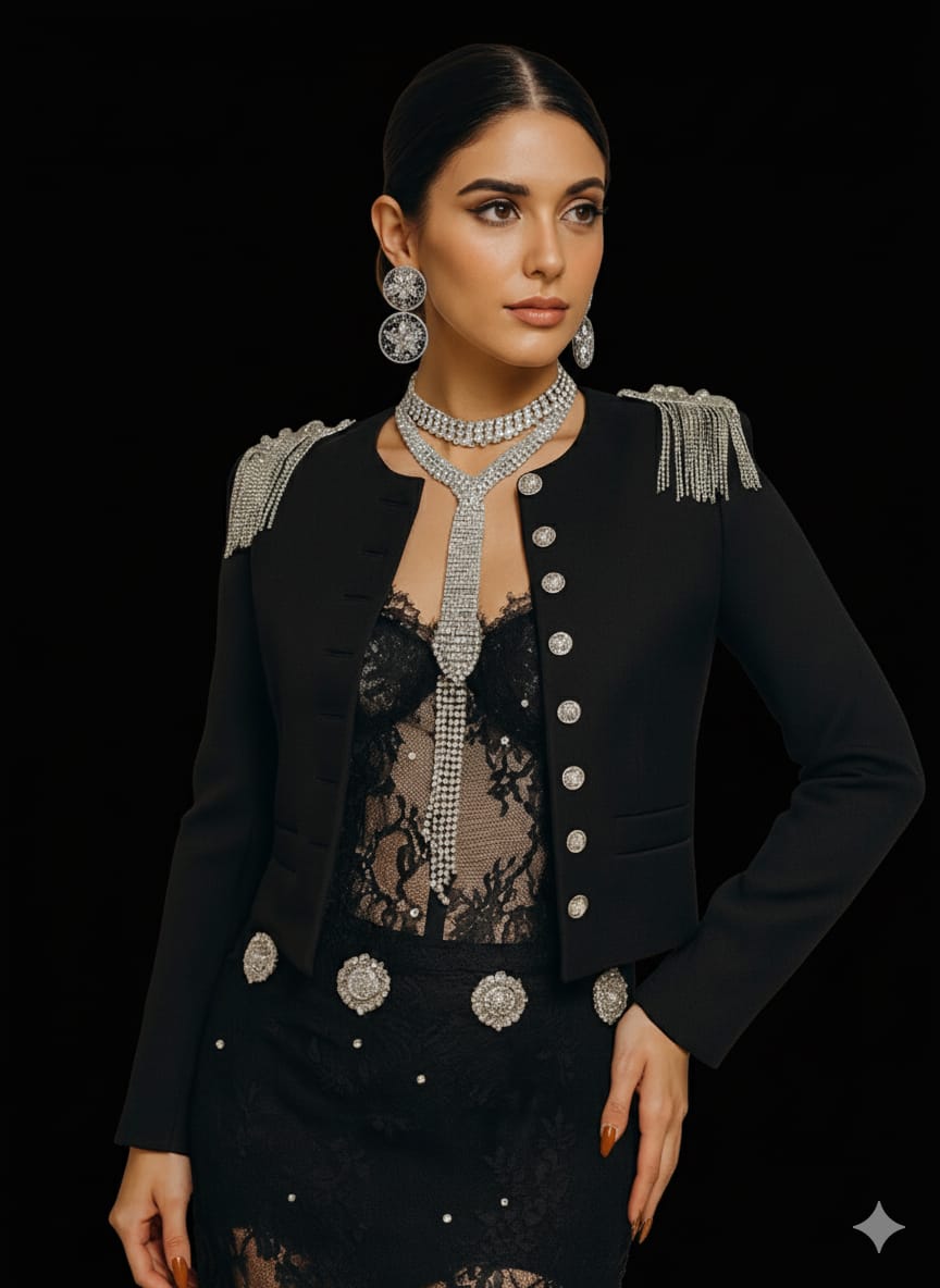 Conjunto Chaqueta  Negra con Corset más Falda Con Encaje+ Joyería